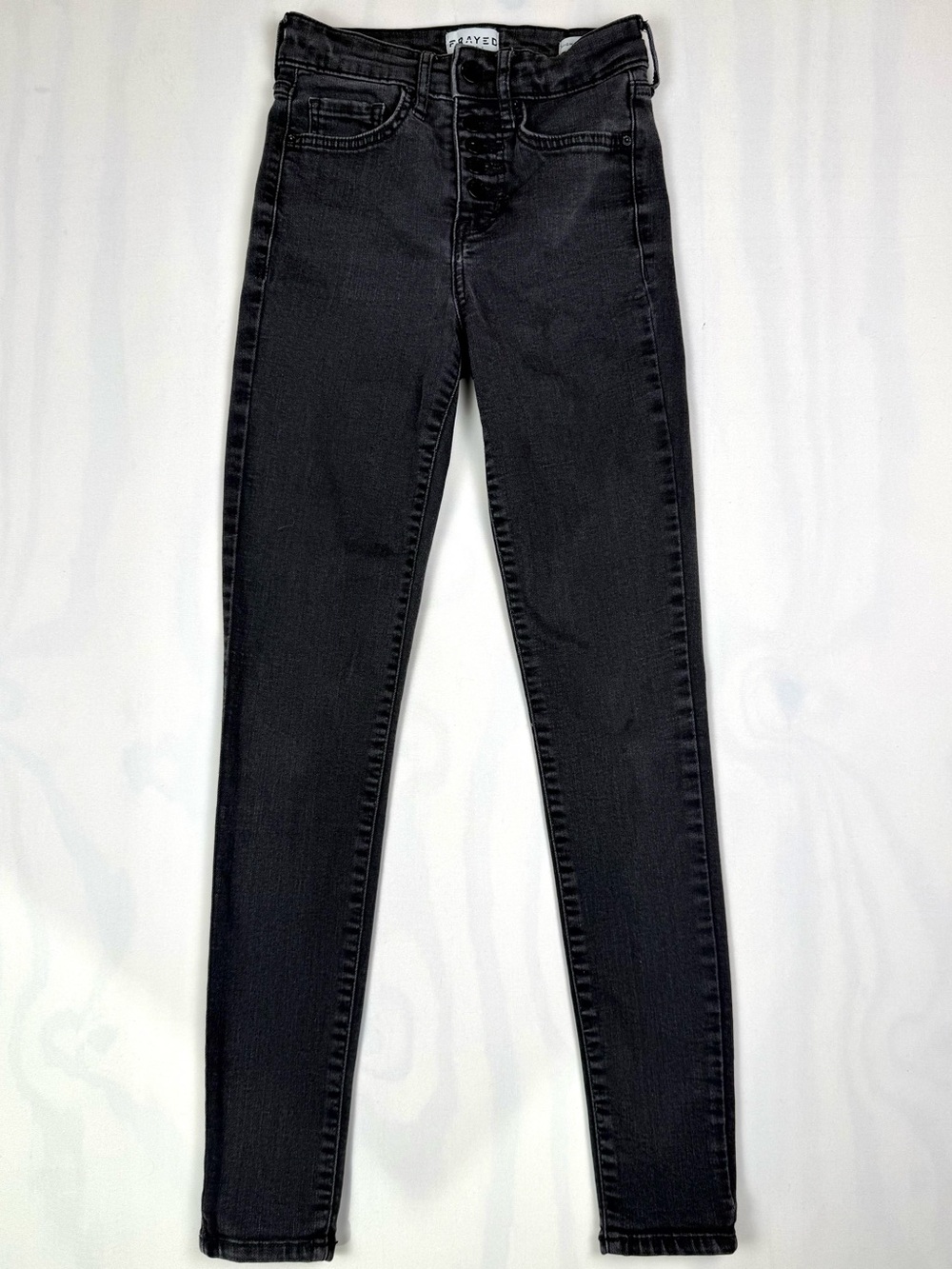 FRAYED Jeans High Rise Skinny Black Gray Wash Button Fly‎ Stretch Size 24